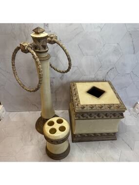 Vtg Towel Tree Tissue Cup Brunswick India Ink Bathroom Accessory Set Faux Marble